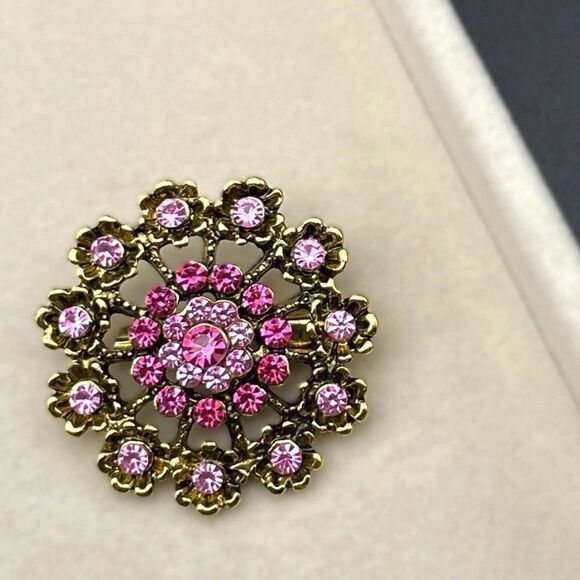 Yellow Gold with Light and Dark Pink Sapphire Crystal Flower Pin Back Brooch - Picture 4 of 7